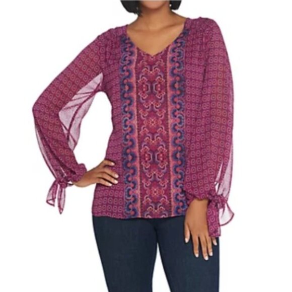 Belle by Kim Gravel Bohemian Border Print Blouse Fushia Size Large - Picture 1 of 6